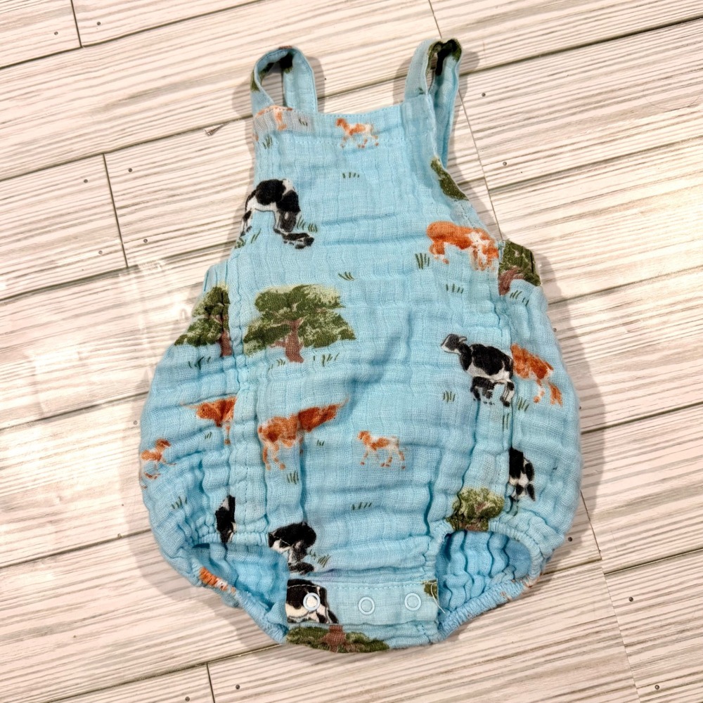 Angel Dear Baby Muslin Cotton Bubble Romper Blue Cow Farm Print 0-3 Months